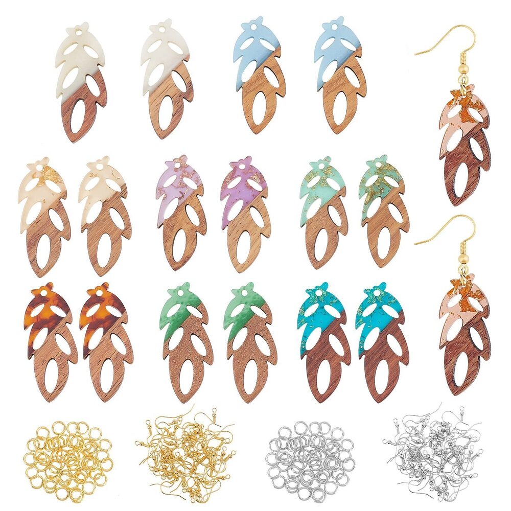 7184 DIY Jewelry Making Kit Resin Wooden Earring Pendants 20pcs Leaf Shape